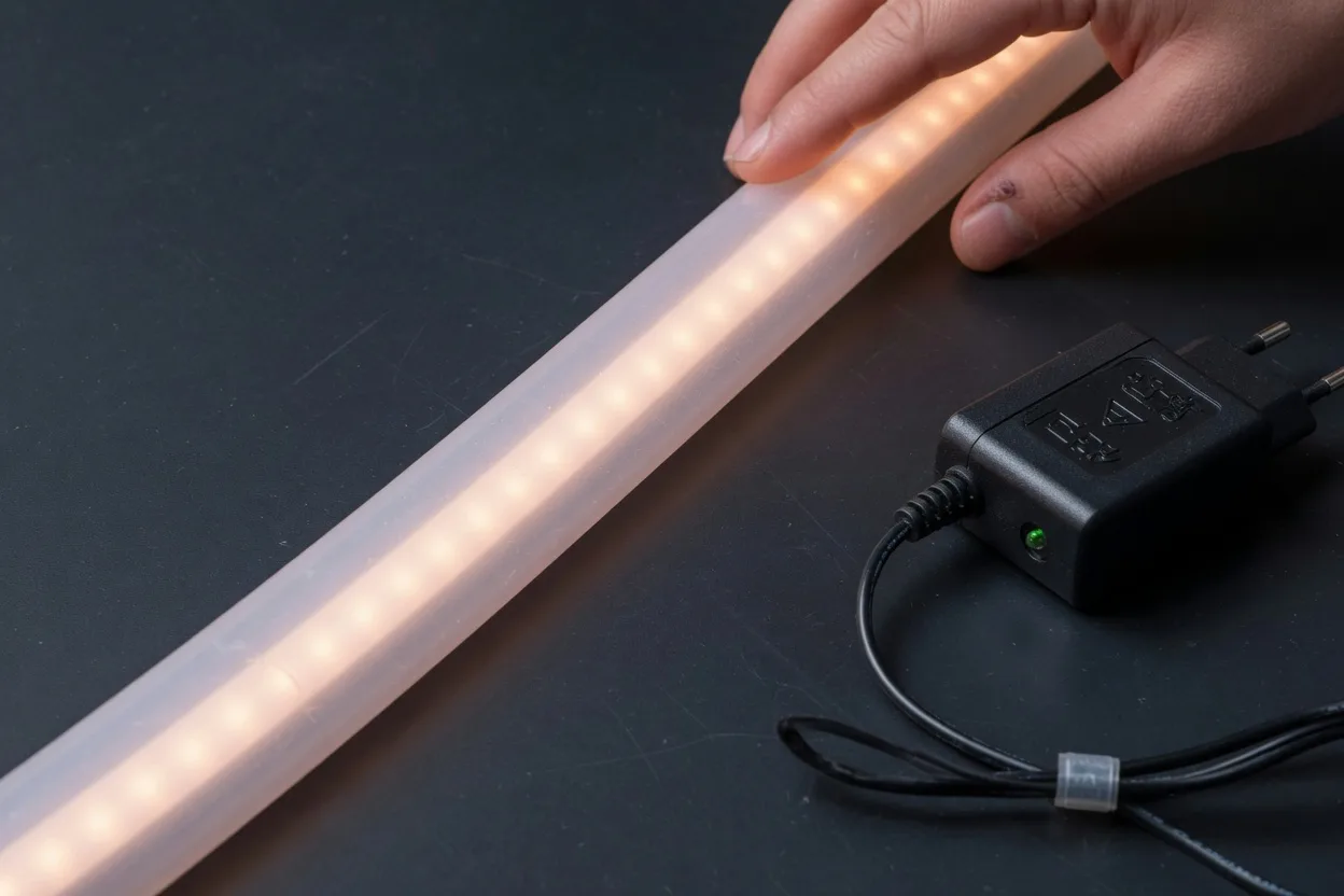 Tube silicone d'un néon LED allumé et son adaptateur 12V, une main effleure le tube resté froid
