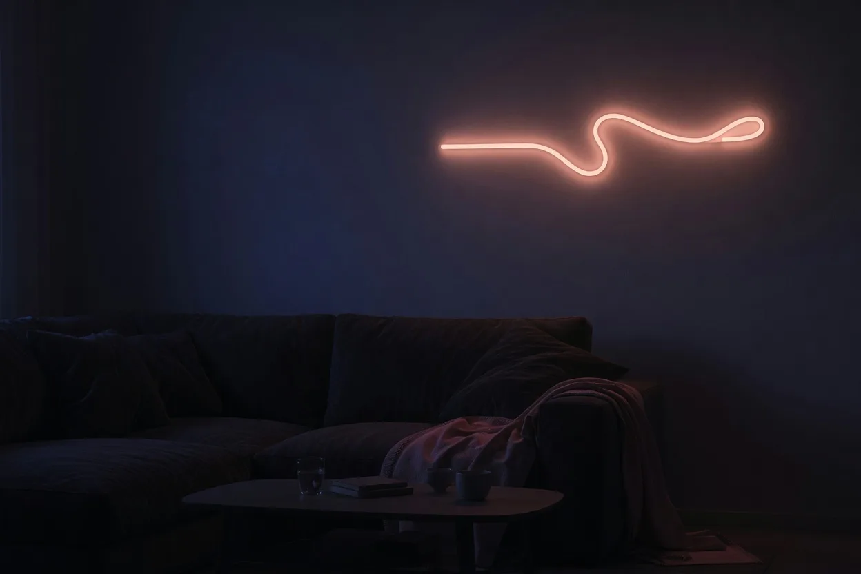 Néon LED allumé à faible intensité dans un salon la nuit, seule source de lumière de la pièce