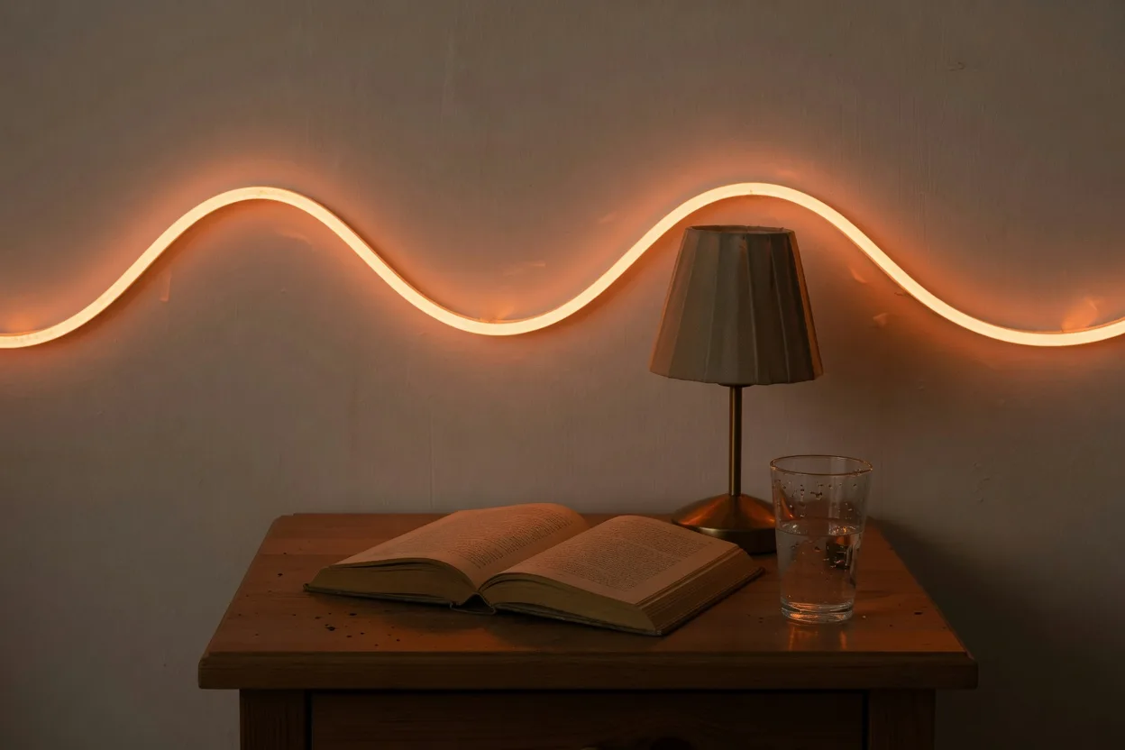 Néon LED orangé très tamisé sur une table de chevet, teinte chaude compatible avec l'endormissement