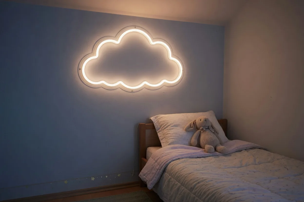 Néon LED blanc chaud en forme de nuage fixé en hauteur dans une chambre d'enfant, allumé comme veilleuse