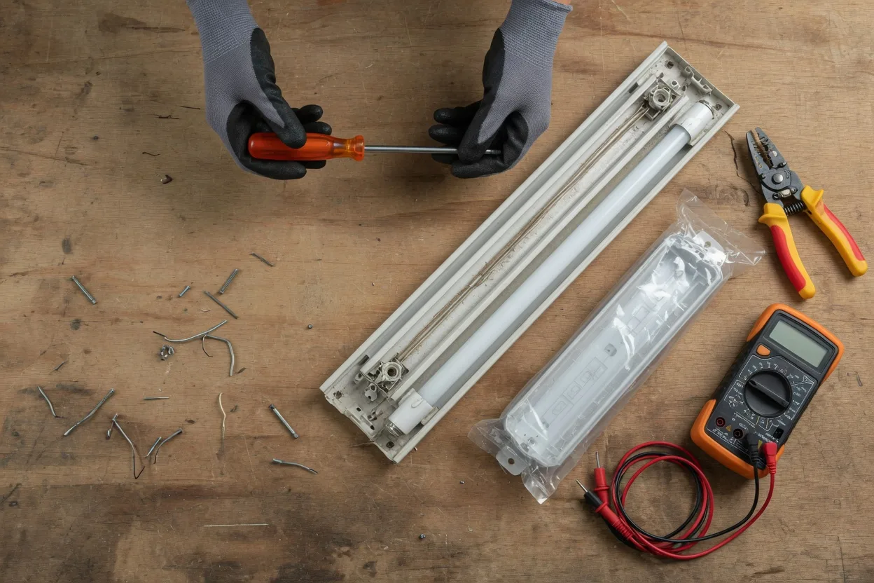 Intervention hors tension sur un luminaire fluorescent démonté, ballast électronique de remplacement prêt à poser
