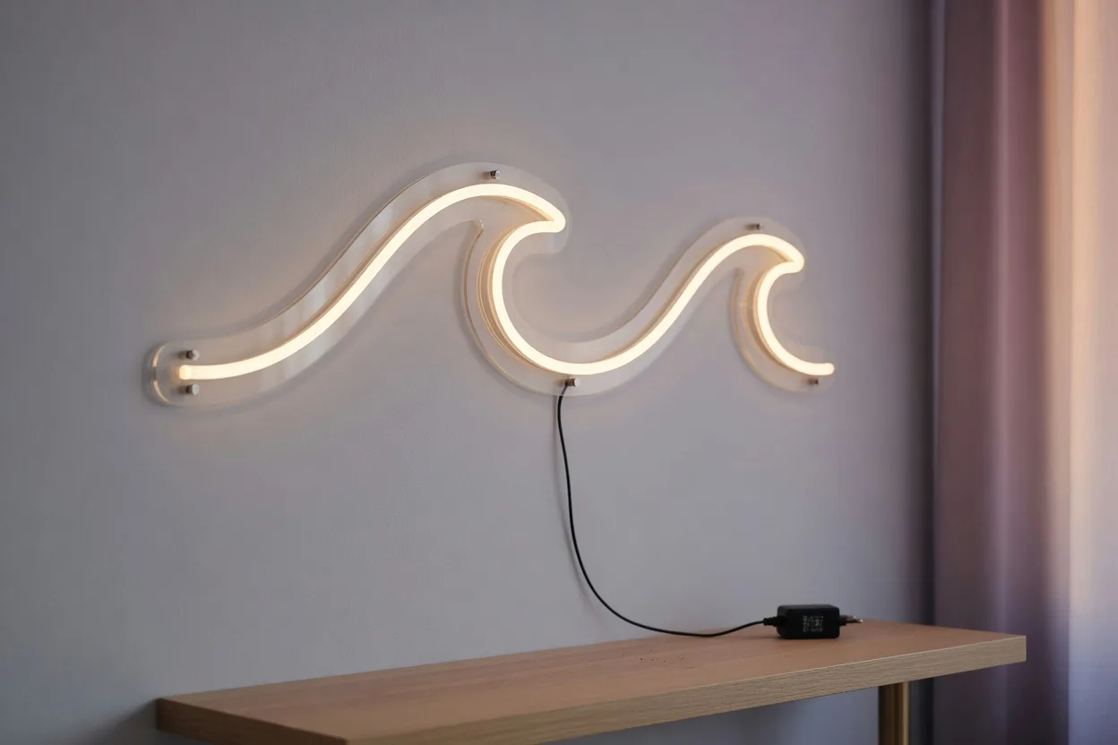 Néon LED en silicone allumé au mur avec son adaptateur 12V, silencieux car sans ballast ni starter