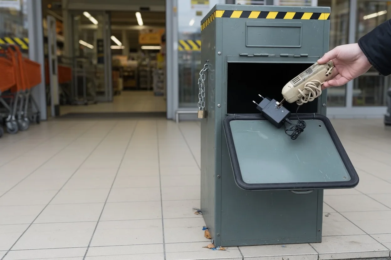 Borne de collecte des équipements électriques à l'entrée d'un magasin, dépôt d'un appareil et de son adaptateur