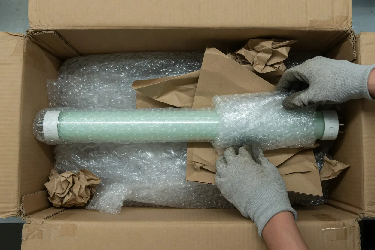 Ancien tube fluorescent en verre emballé dans du papier bulle et calé à plat dans un carton avant transport