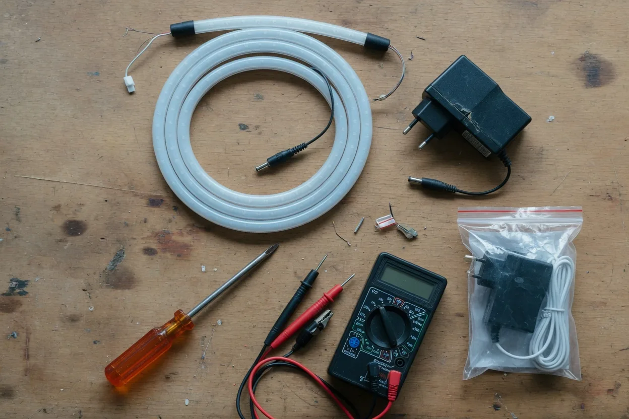 Établi de réparation : néon LED en silicone, ancien adaptateur 12V débranché et alimentation de remplacement