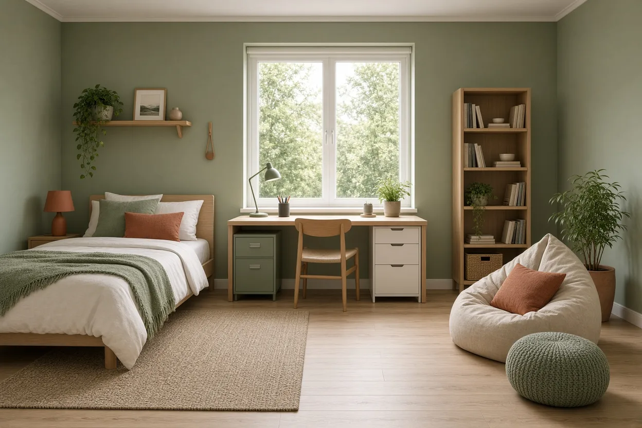 Chambre d'ado de style scandinave organisée en trois zones : lit contre le mur, bureau sous la fenêtre et coin détente avec pouf et bibliothèque