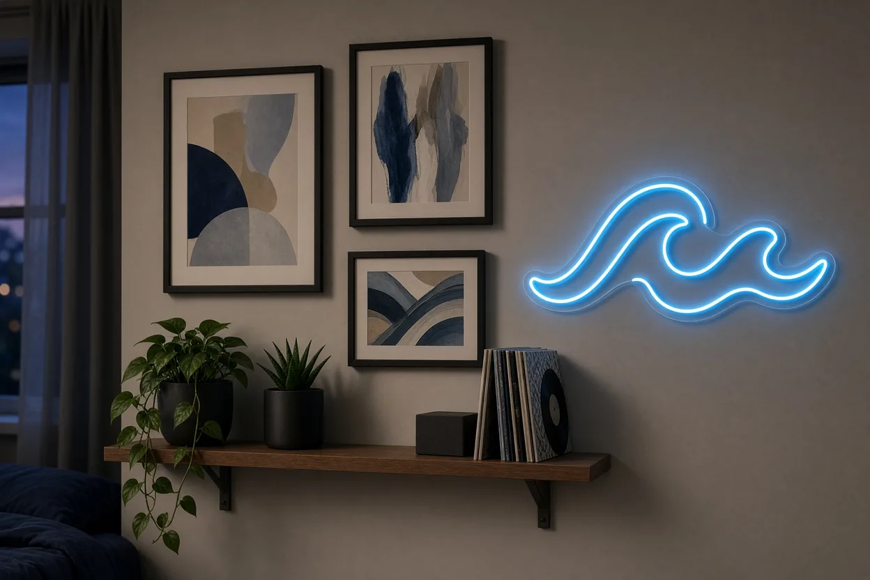 Mur de chambre d'ado décoré de cadres abstraits, d'une étagère avec plantes et vinyles et d'un néon LED bleu glacier en forme de vague