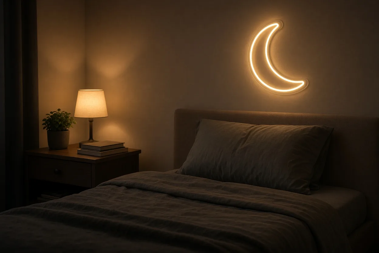 Chambre d'ado le soir éclairée en blanc chaud par une lampe de chevet et un néon LED en forme de croissant de lune au-dessus de la tête de lit