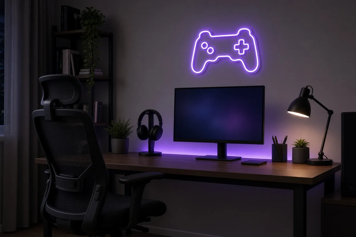 Coin gaming et bureau d'ado avec écran, fauteuil ergonomique, casque sur support et néon LED violet en forme de manette sur le mur