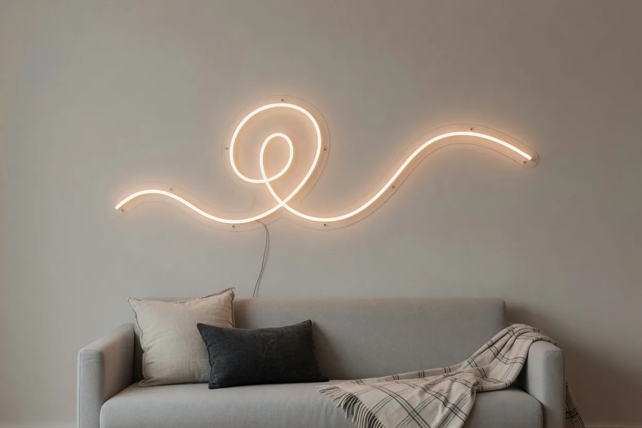 Grand néon LED blanc chaud en forme ondulée fixé au centre du mur au-dessus d'un canapé gris clair, pièce maîtresse du salon
