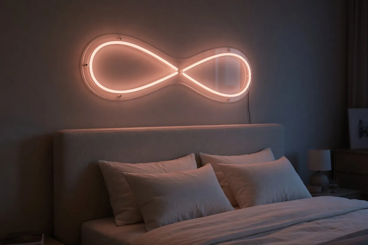 Néon LED rose doux très tamisé au-dessus d'une tête de lit en lin, lueur chaude et intime dans une chambre en soirée