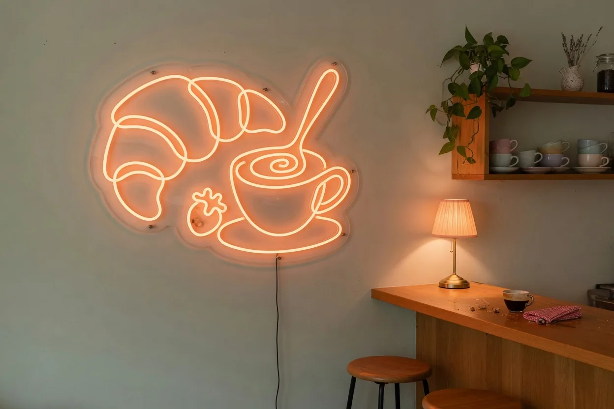 Néon LED orange chaud au-dessus d'un bar en bois dans une cuisine conviviale, ambiance petit café maison
