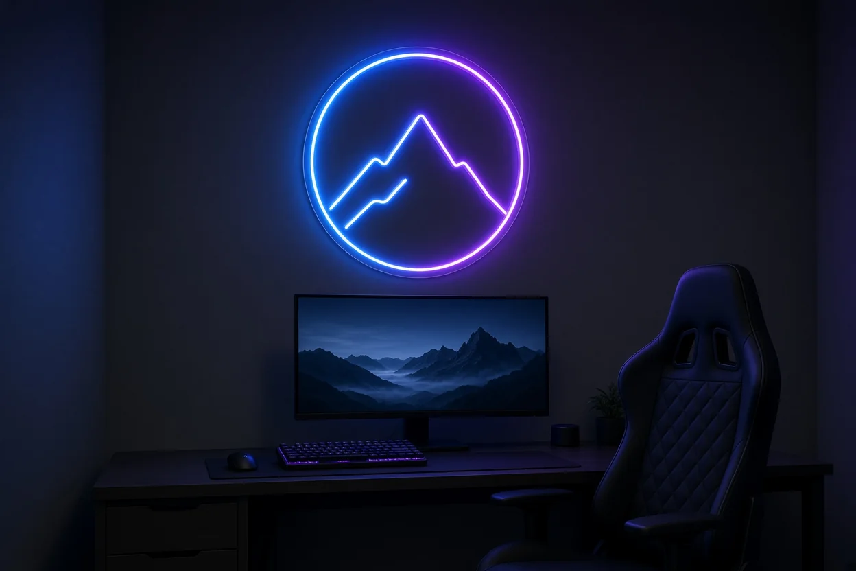 LED-Neon in RGB-Blau und Violett an der Wand hinter einem Gaming-Setup in einem dunklen Raum