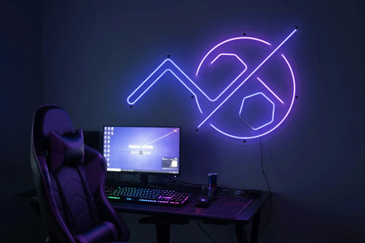 Néon LED aux couleurs RGB bleu et violet au mur derrière un setup gaming dans une pièce sombre