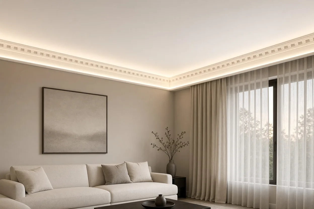 Ruban LED caché dans une corniche qui lave un plafond blanc d'une lumière rasante chaude, aucune source visible
