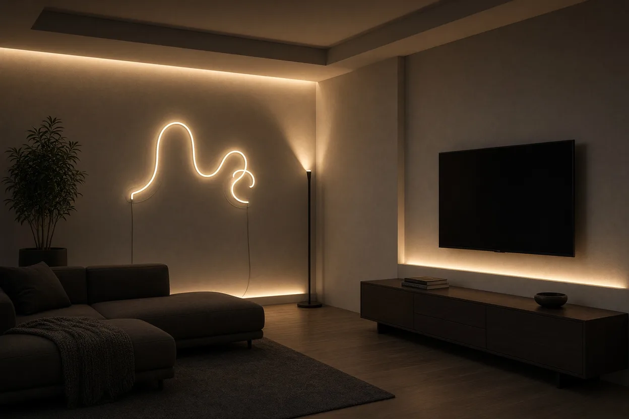 Trois niveaux d'éclairage indirect dans un salon : lampadaire à faisceau montant, néon LED au mur et ruban lumineux derrière le téléviseur