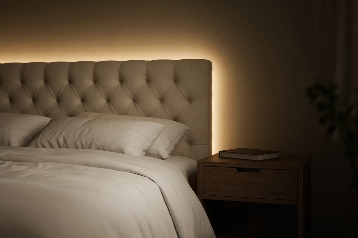 Tête de lit rétroéclairée par un ruban LED blanc chaud dans une chambre tamisée, lumière douce qui remonte le long du mur