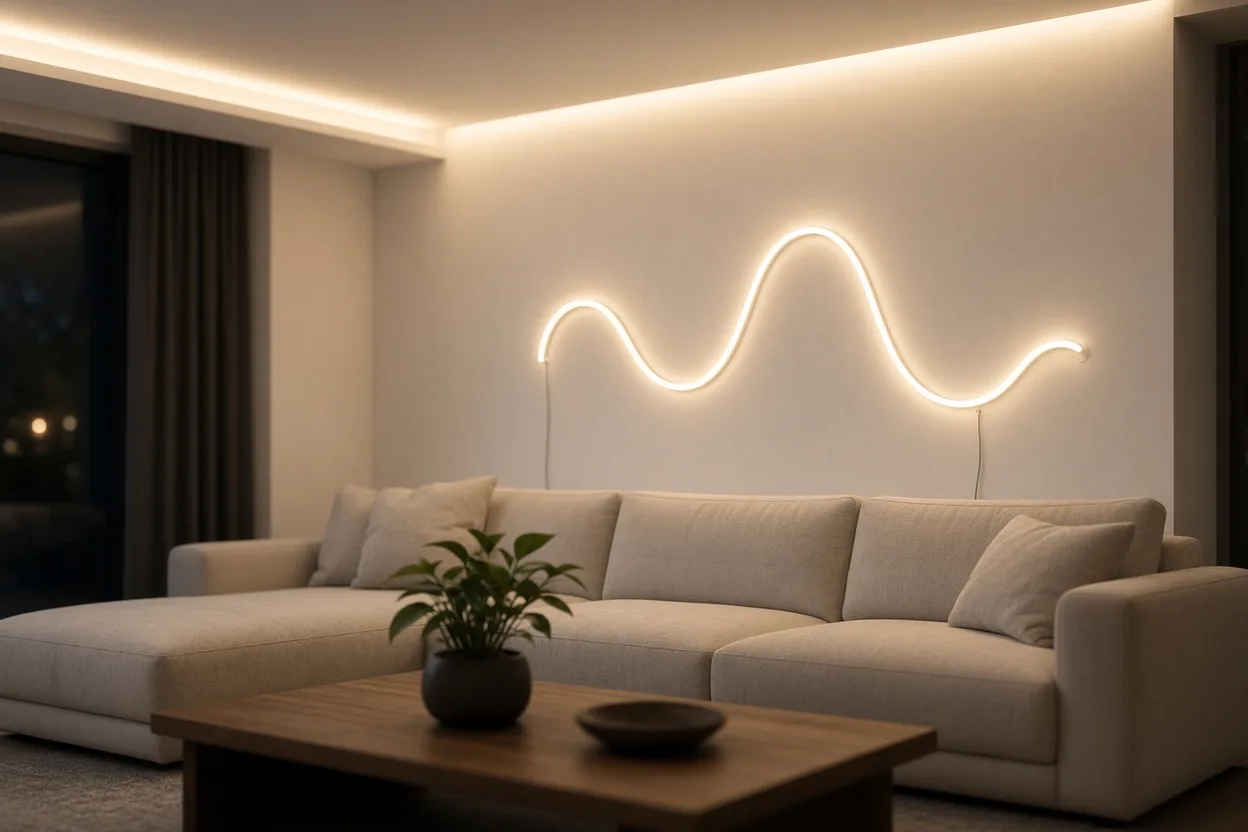 Salon éclairé uniquement par un éclairage indirect : corniche LED au plafond et néon LED blanc chaud dont le halo se dépose sur le mur du canapé