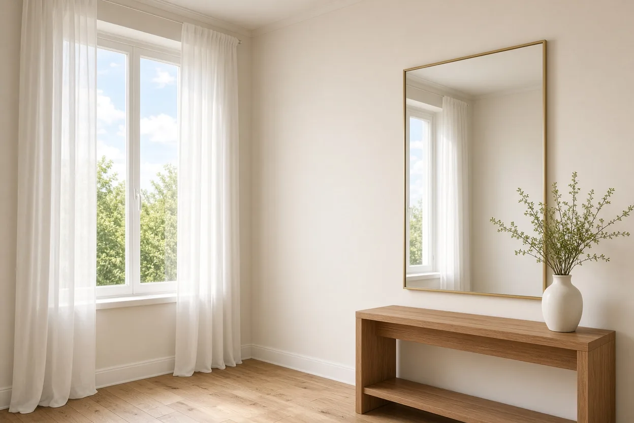 Grand miroir placé face à une petite fenêtre dans une pièce aux murs blanc cassé satinés, la lumière du jour renvoyée vers le fond