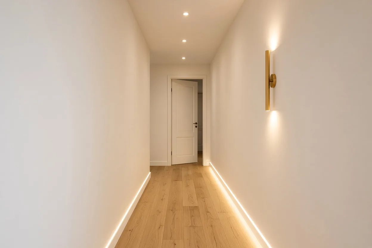 Couloir sans fenêtre éclairé par des spots doux, une applique murale et un bandeau lumineux bas le long de la plinthe