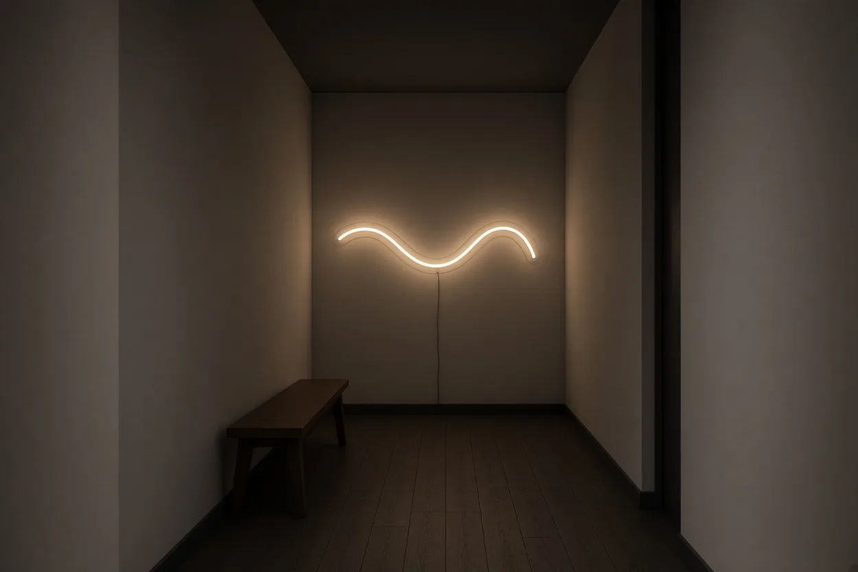 Néon LED blanc chaud en ligne abstraite sur le mur du fond d'un couloir aveugle, halo chaud qui attire le regard