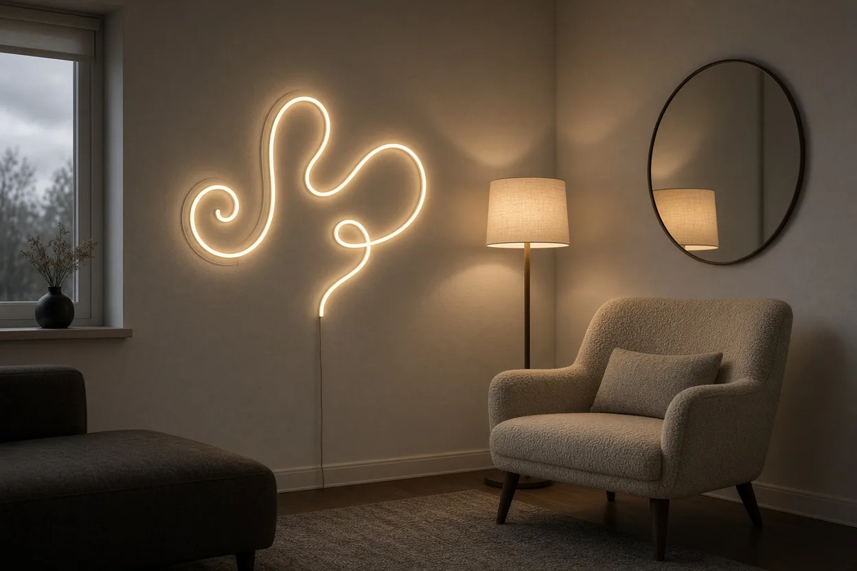 Pièce sombre orientée nord transformée par un néon LED blanc chaud sur le mur principal, un lampadaire et un miroir qui renvoie la lumière
