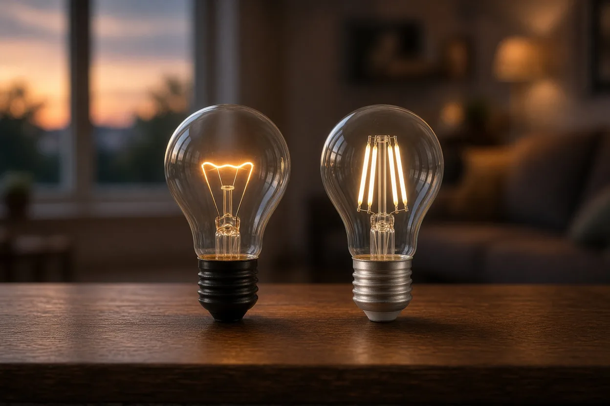 Ampoule à incandescence à filament orange et ampoule LED à filament allumées côte à côte, pour une même lumière blanc chaud