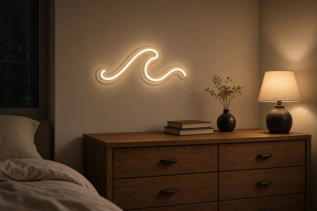 Néon LED blanc chaud en forme de vague sur le mur d'une chambre, à côté d'une lampe de chevet qui assure l'éclairage principal
