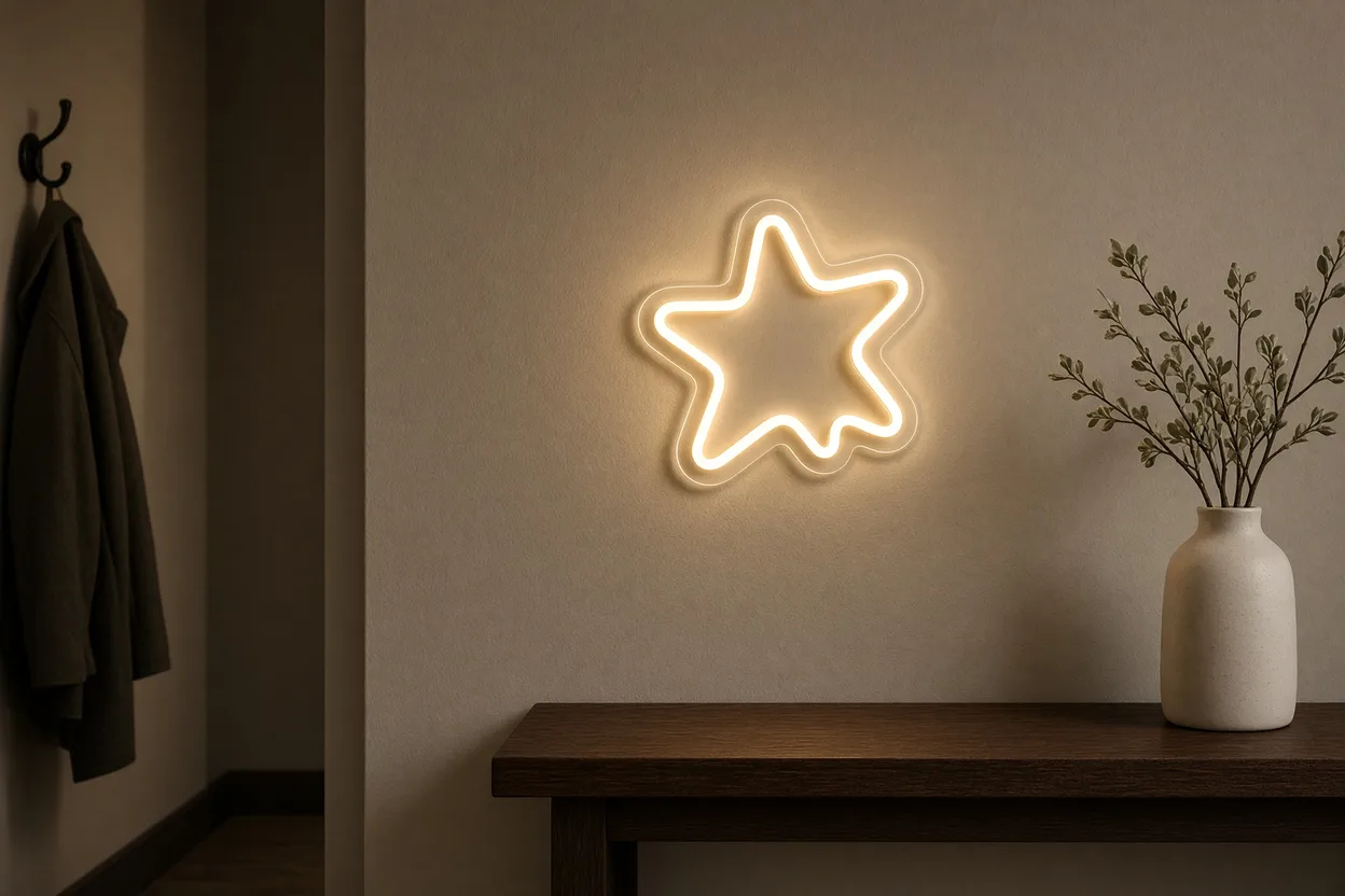 Petit mur d'entrée décoré d'un néon LED blanc chaud en forme d'étoile au-dessus d'une console fine et d'un vase
