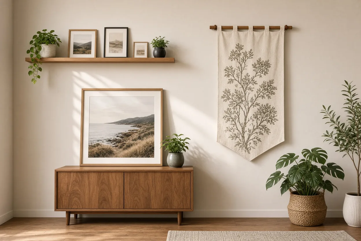 Décoration murale sans percer : étagère à cadres, grande affiche posée sur un meuble bas, tenture suspendue à un tasseau en bois et plantes