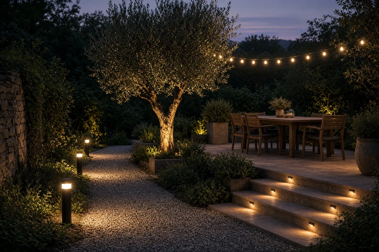 Terrasse de jardin au crépuscule en trois couches de lumière : balises le long de l'allée, spots dans les marches, guirlande et olivier éclairé