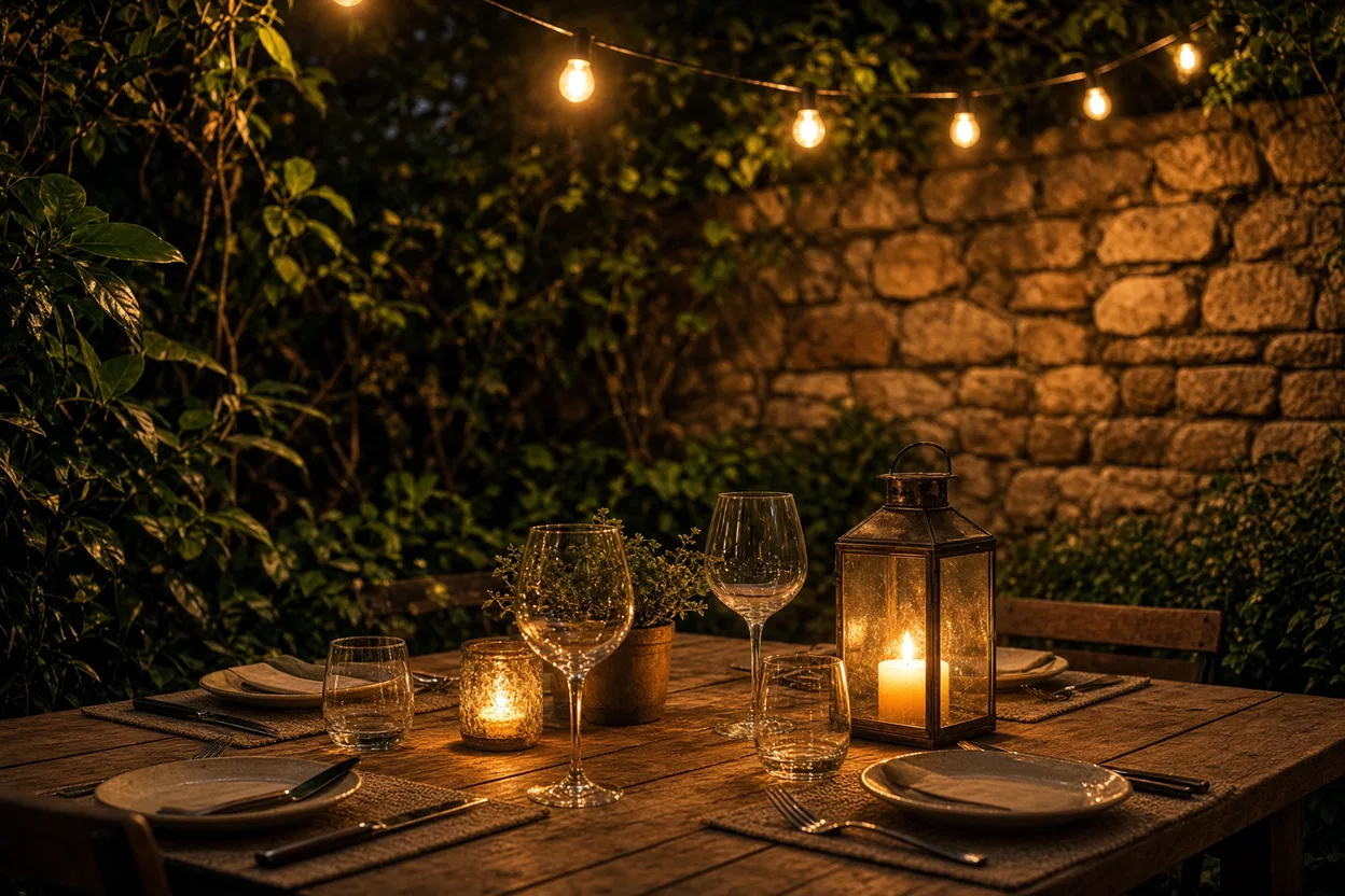 Table de terrasse dressée sous une lumière ambrée à 2 700 K, guirlande et lanternes devant un mur en pierre