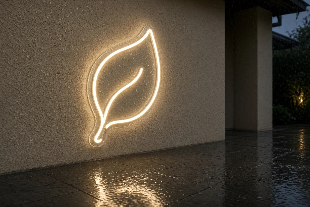 Néon LED extérieur en forme de feuille sous la pluie, gouttes sur le tube et la plaque acrylique, sol mouillé qui reflète la lumière