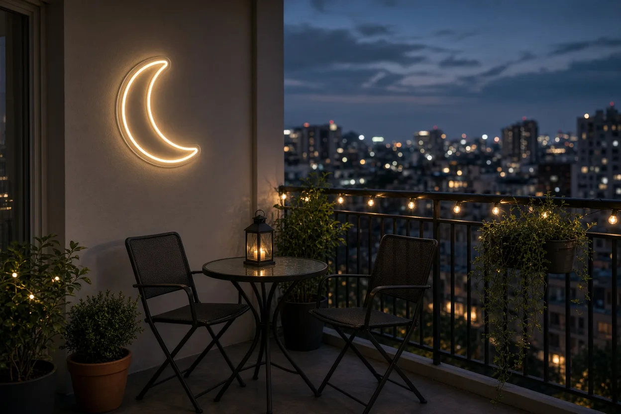 Balcon en ville avec guirlande sur le garde-corps, table bistrot, lanterne et néon LED en forme de lune sur le mur