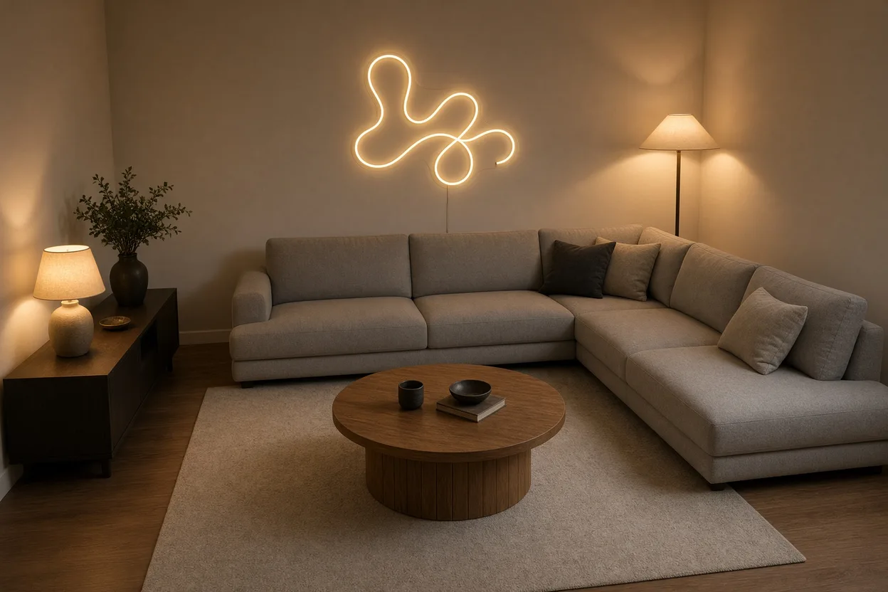 Plan large d'un salon où trois sources lumineuses forment un triangle autour du canapé : lampe sur console, lampadaire d'angle et néon mural