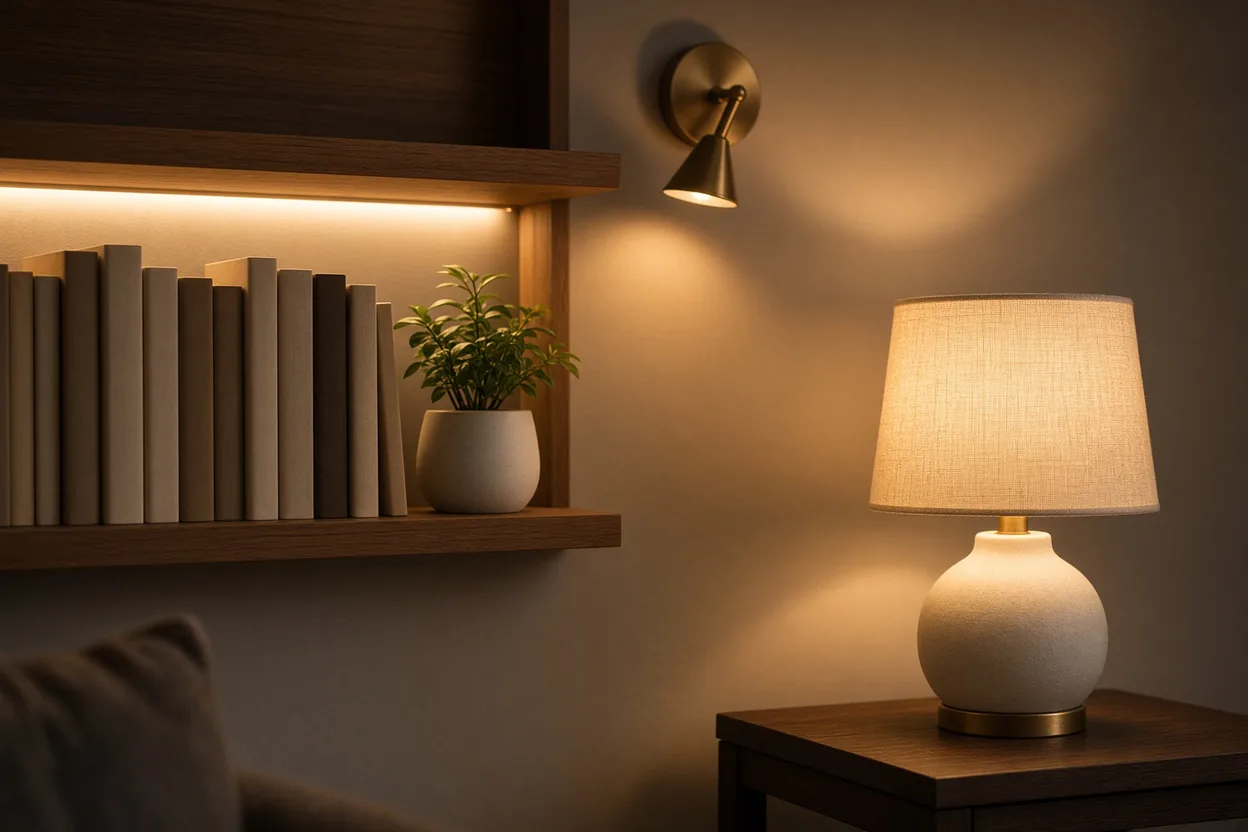 Détail d'une étagère soulignée par un ruban LED chaud, à côté d'une lampe à poser en céramique et d'une applique qui lave le mur