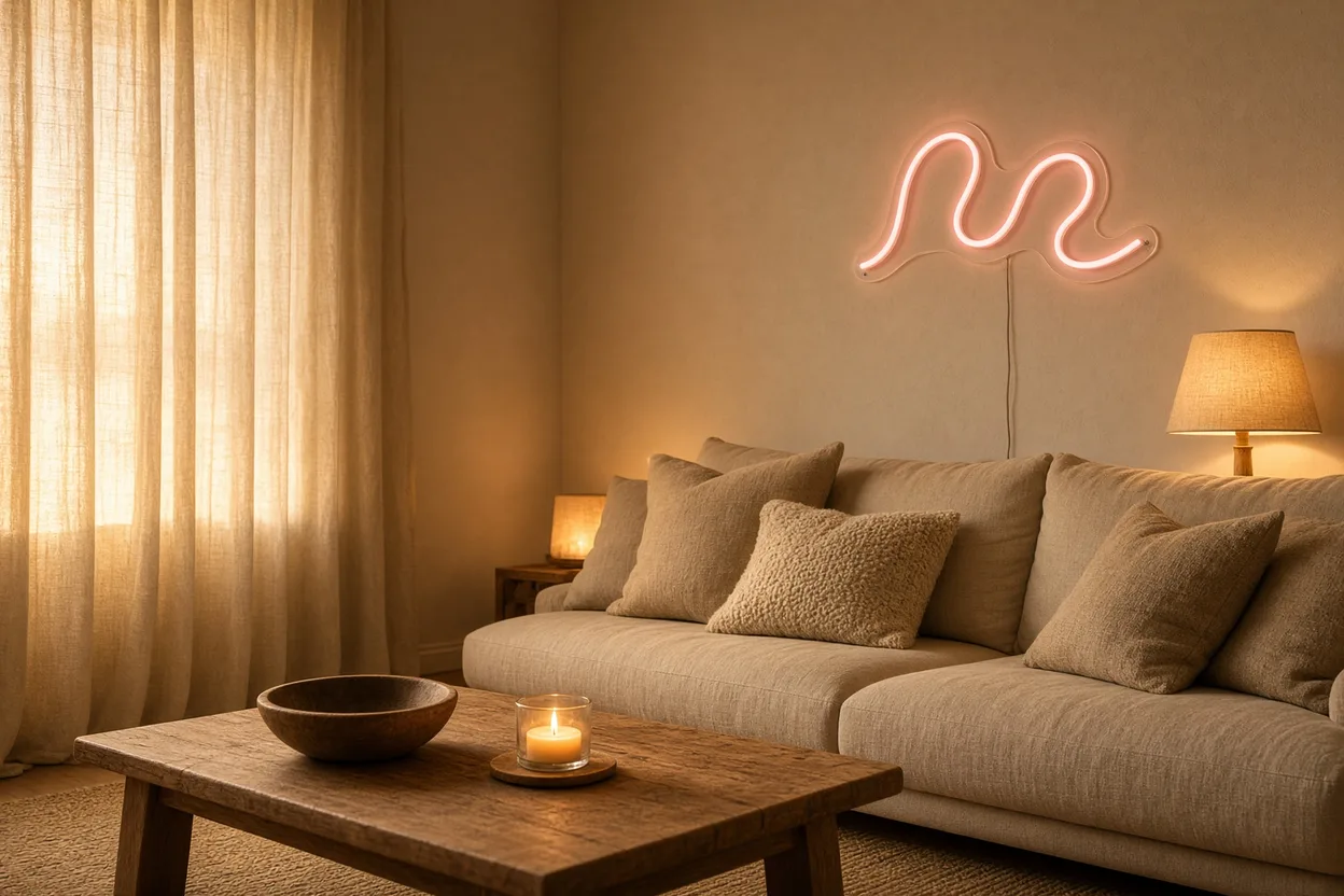 Salon baigné d'un blanc chaud ambré proche de la bougie, matières en lin et bois flattées par la lumière, néon rose doux en accent