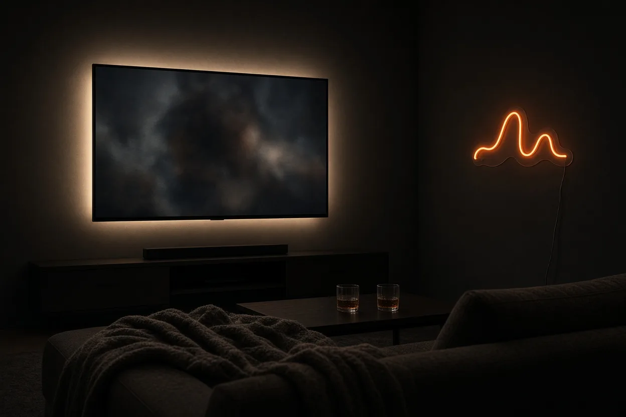 Soirée film dans un salon : ruban LED derrière le téléviseur, néon LED au minimum sur le mur et reste de la pièce éteint