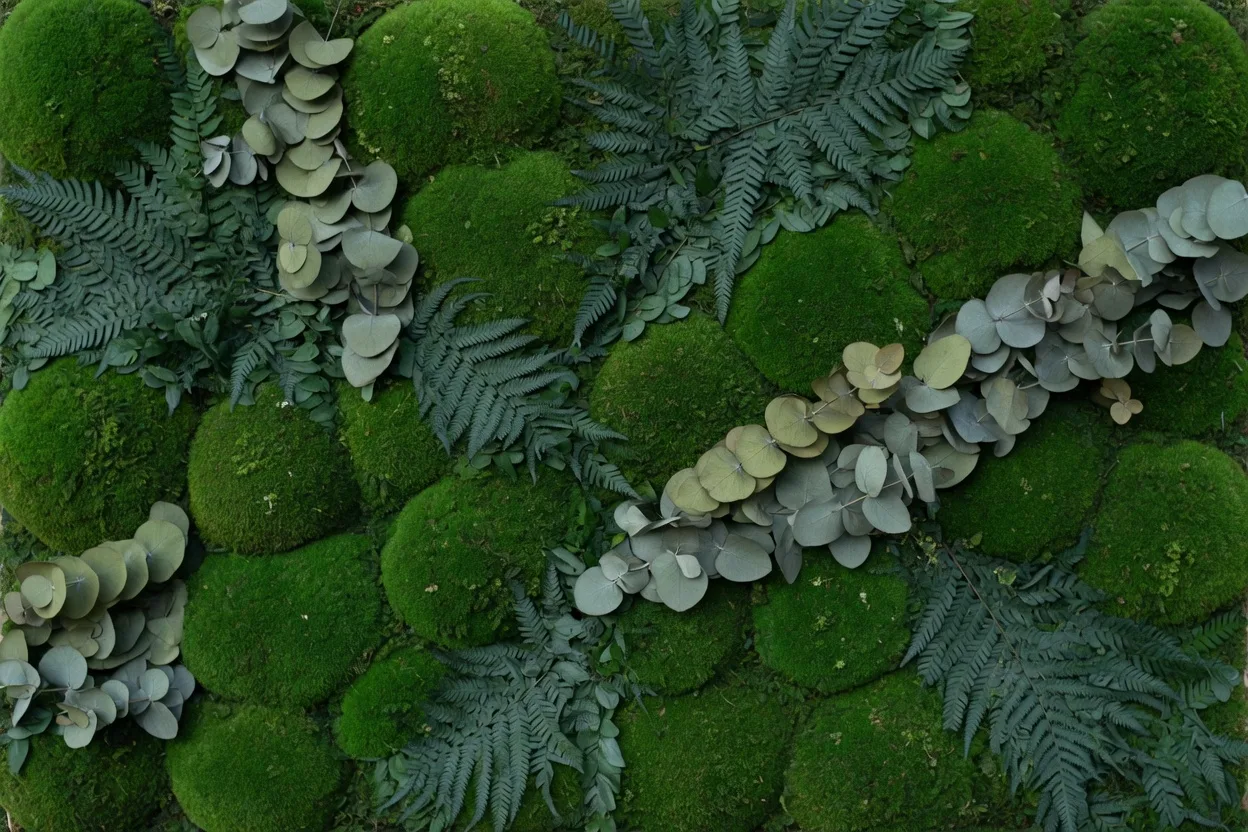 Panneau de mur végétal stabilisé dense, mousses, fougères et eucalyptus dans des tons de vert variés, sans néon