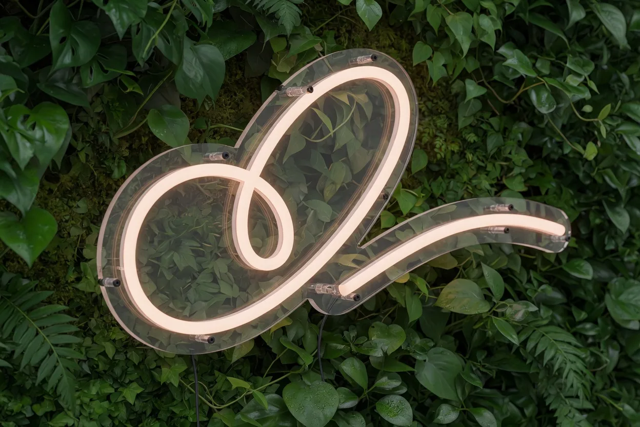 Néon LED sur plaque acrylique fixé par des entretoises qui le font flotter au-dessus d'un mur végétal, câble caché derrière