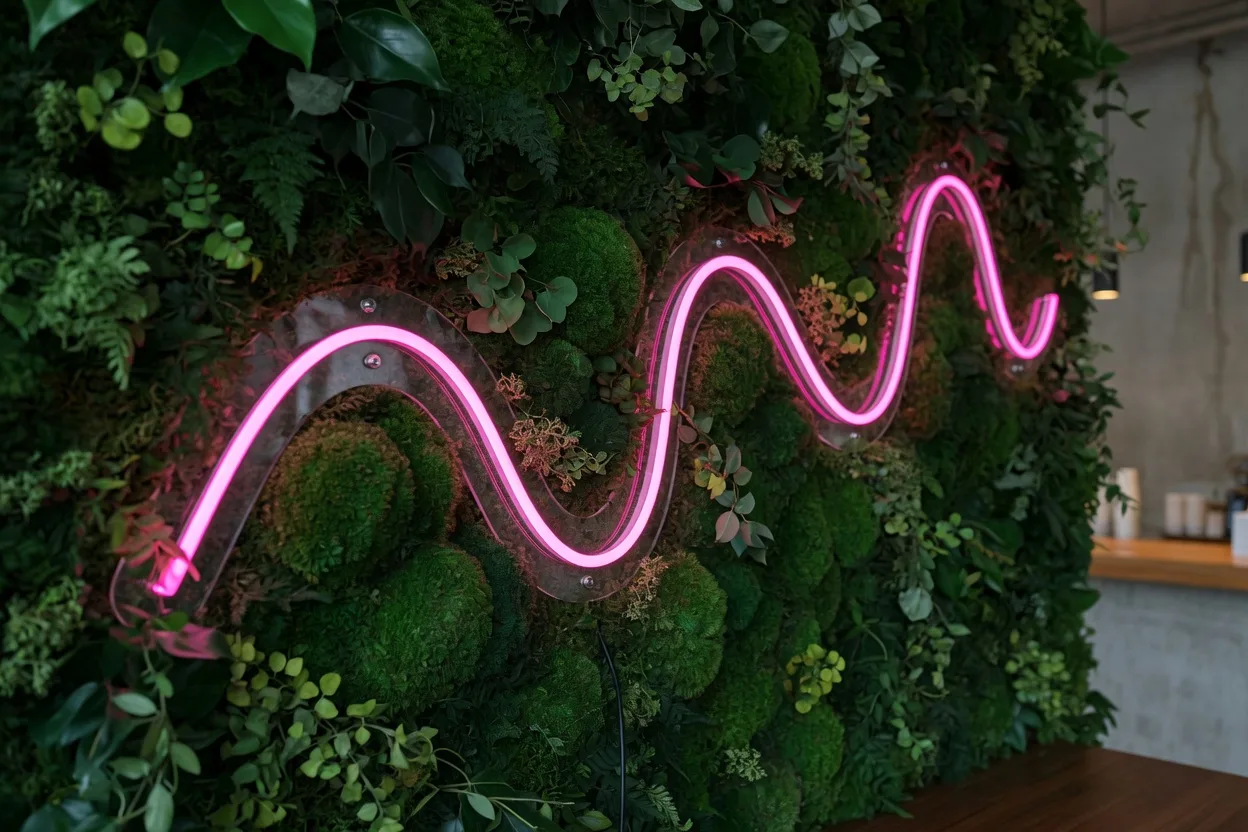 Mur végétal avec néon : réussir le décor signature du moment