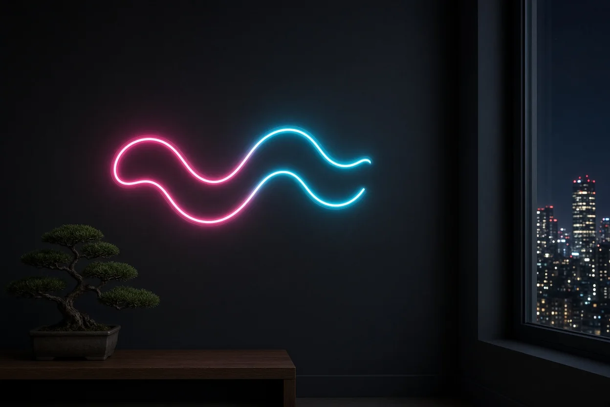 Néon LED rose et cyan en forme abstraite dans un intérieur feutré inspiré de Tokyo la nuit