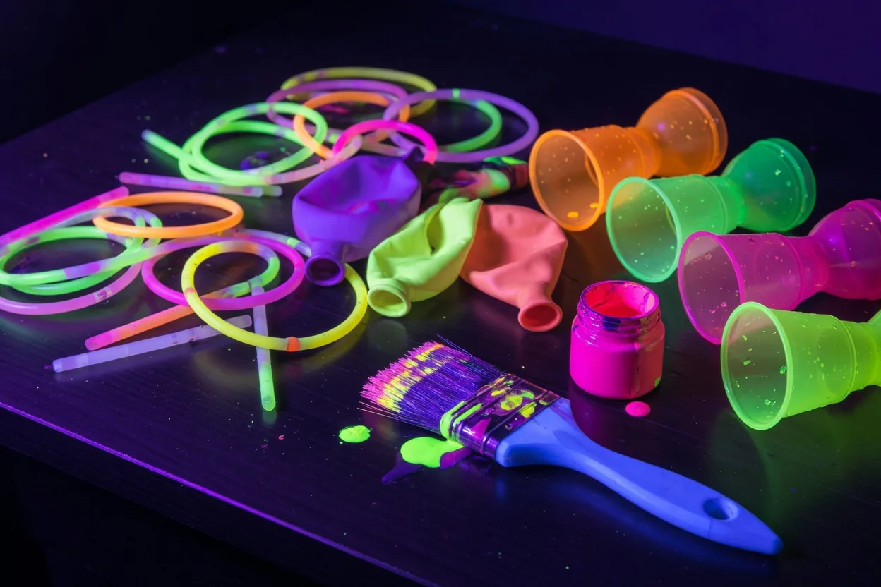 Accessoires de soirée fluo brillant sous lumière noire : bracelets lumineux, gobelets fluorescents, ballons et peinture UV