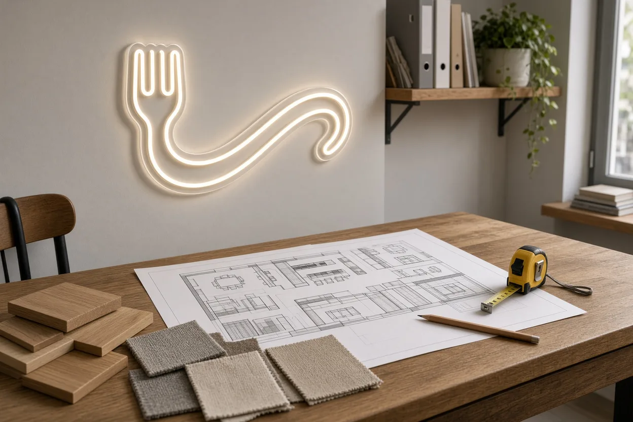 Bureau d'agenceur avec le plan d'un restaurant, des échantillons de bois et de tissu, et une forme en néon LED blanc chaud au mur