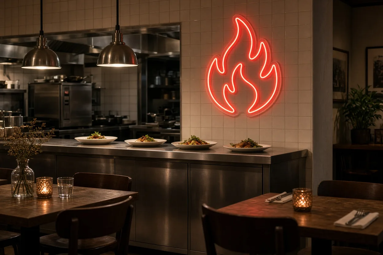 Passe entre la cuisine ouverte et la salle d'un bistrot, surmontée d'une forme en néon LED rouge sur plaque acrylique