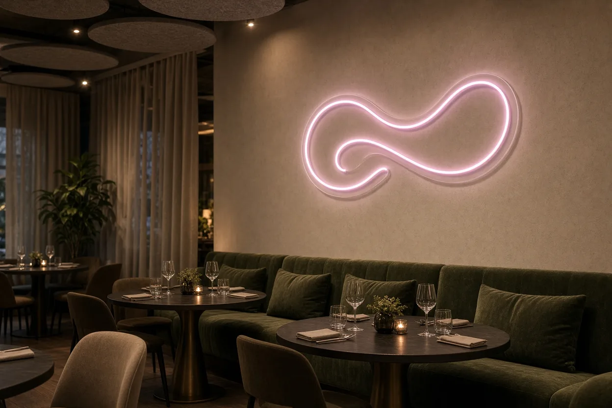 Salle de restaurant confortable avec banquettes, panneaux acoustiques au plafond et une forme en néon LED rose sur le mur