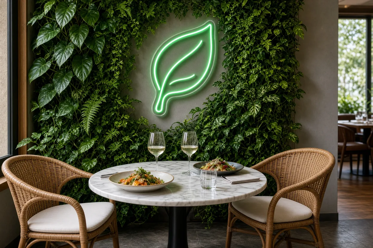 Coin photo d'un restaurant avec un mur végétal et une forme en néon LED vert sur plaque acrylique au-dessus d'une table
