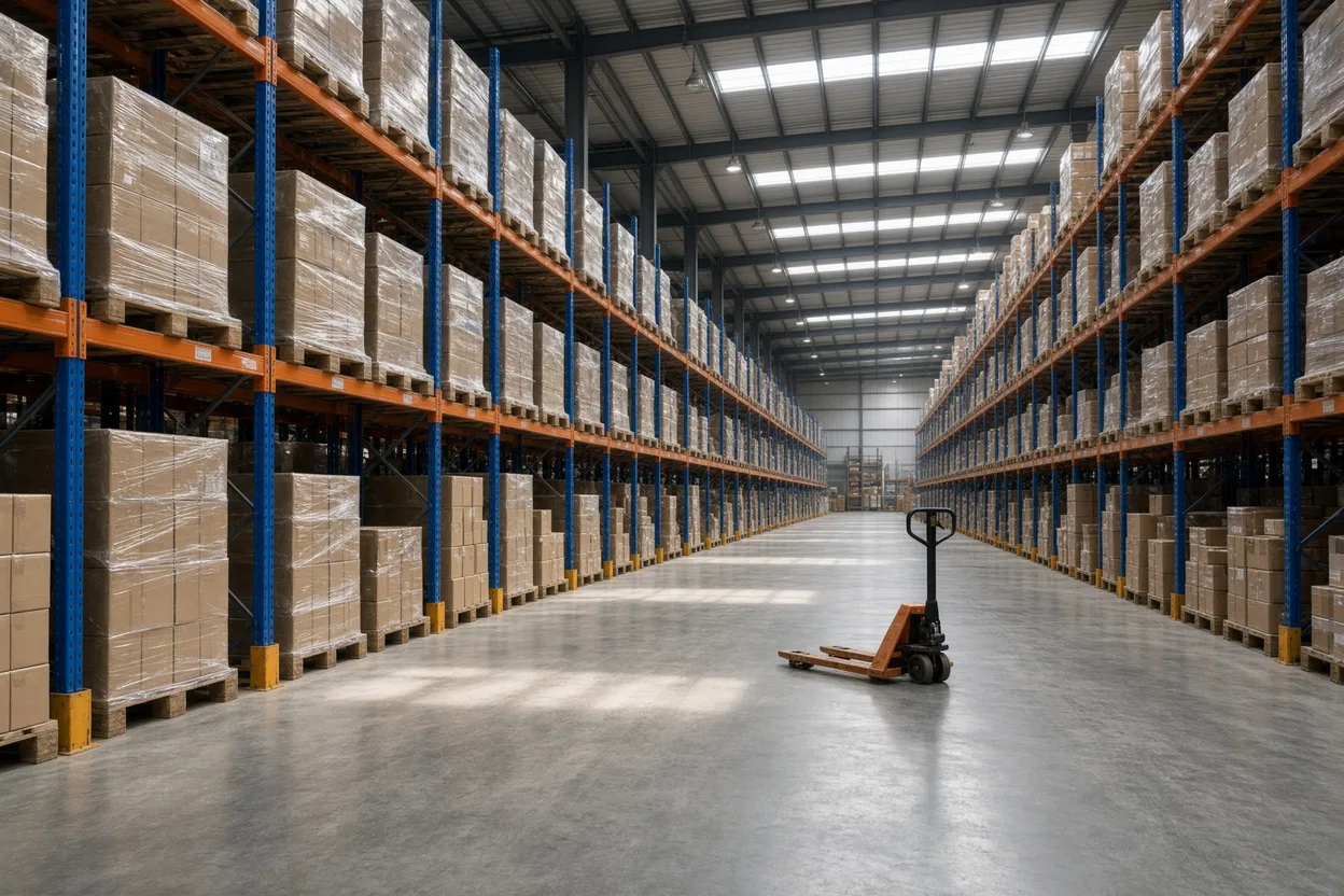 Almacén logístico de una central de compras con altas estanterías de palés, cajas filmadas y pasillo central iluminado