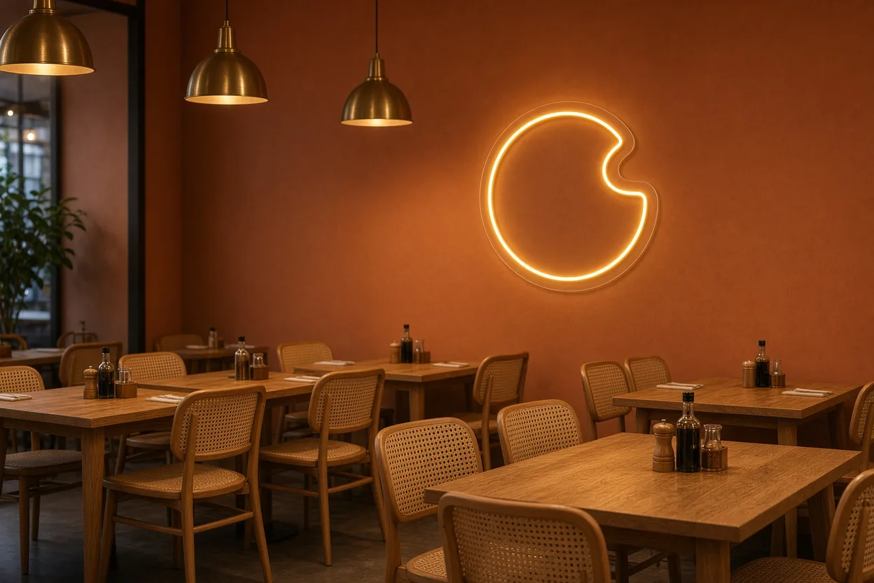 Dos salas de restaurantes de una misma red con mobiliario idéntico, suspensiones de latón y mismo círculo en neón LED ámbar sobre placa de acrílico