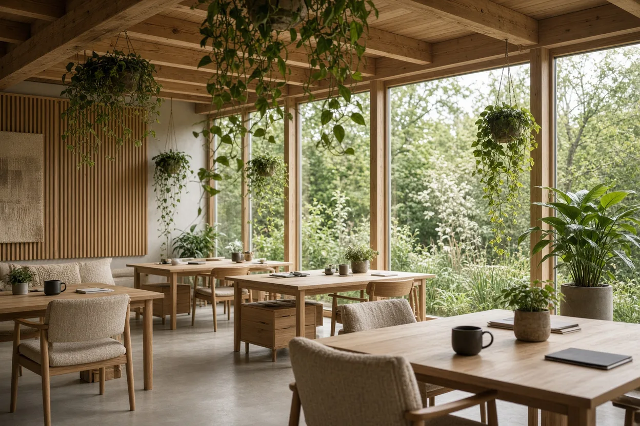 Bureau lumineux avec poutres en bois, plantes suspendues, postes face aux fenêtres et grande baie ouverte sur un jardin